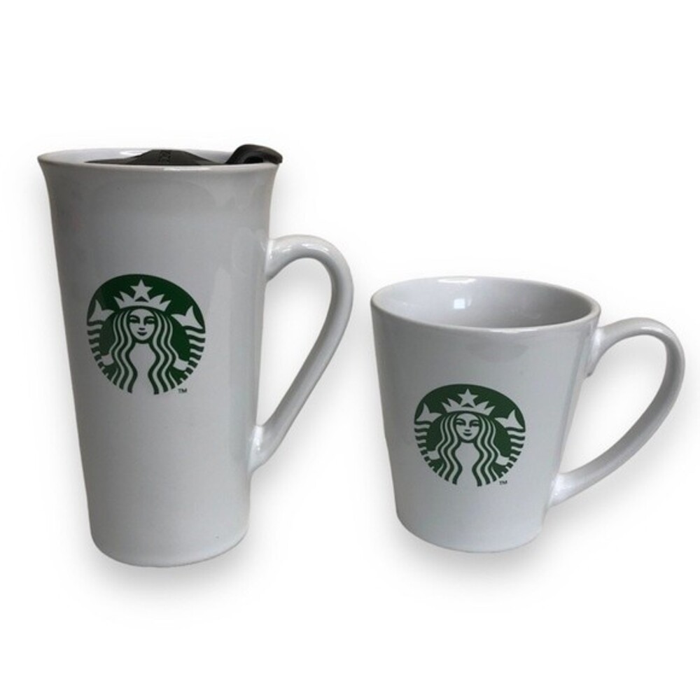 Starbucks Pair Mermaid Siren Logo Ceramic Coffee Cups 12 Oz Lid Travel 11 Oz Mug
